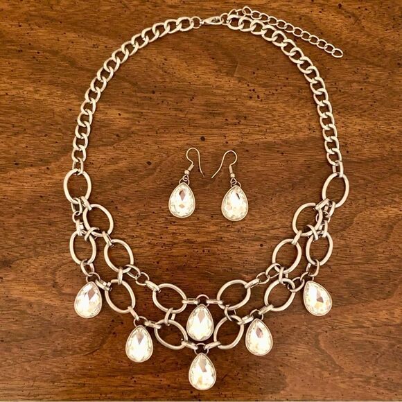 Teardrop Rhinestone Statement Necklace and Earring Set | 18.5” Adjustable - Picture 1 of 4